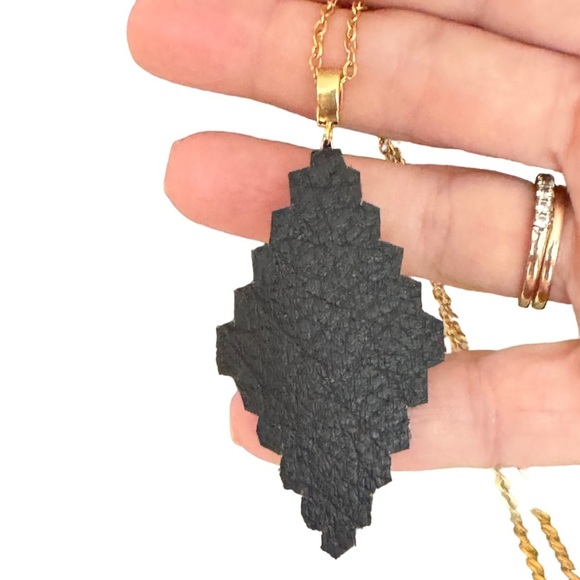 Handcrafted letter “A” leather-backed pendant necklace gold on black  20” chain - Picture 3 of 5